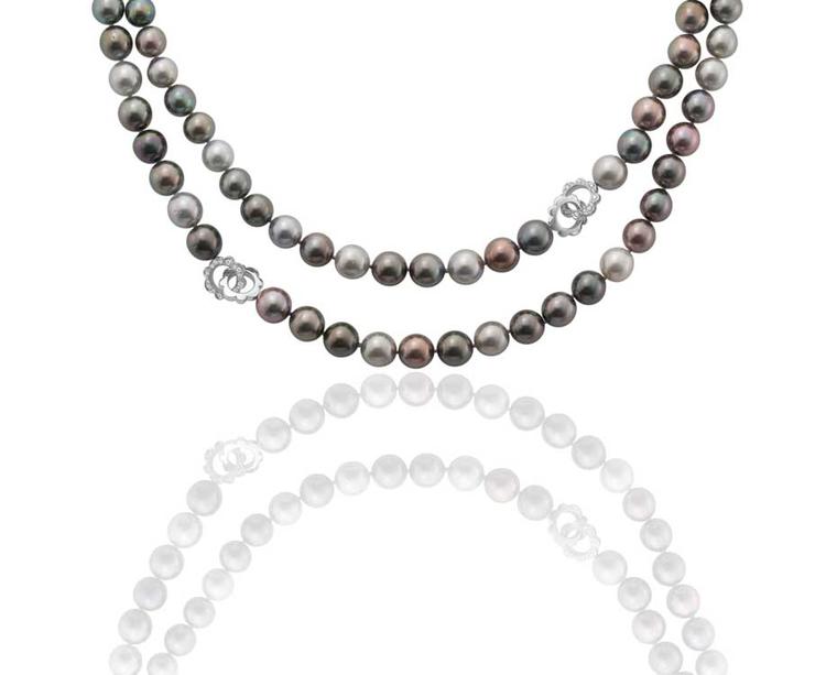 Rococo Pearl Necklace from Boodles featuring Tahitian cultured pearls of 10.5mm-11.5mm, and decorative diamond-set Rococo motifs, set in white gold.