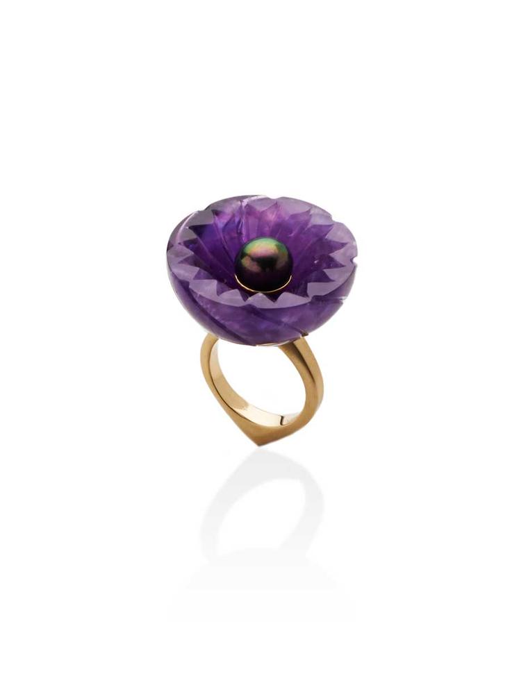 Flora Bhattachary Jyamiti Ring in gold with a peacock Tahitian pearl and hand-carved amethyst.