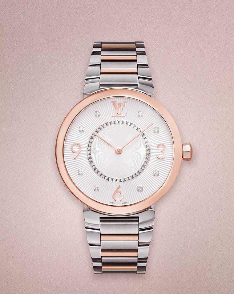 One of Louis Vuitton's watches on display at Baselworld 2014 was the Louis Vuitton Tambour Monogram watch featuring pink gold and diamonds with a stainless steel case.