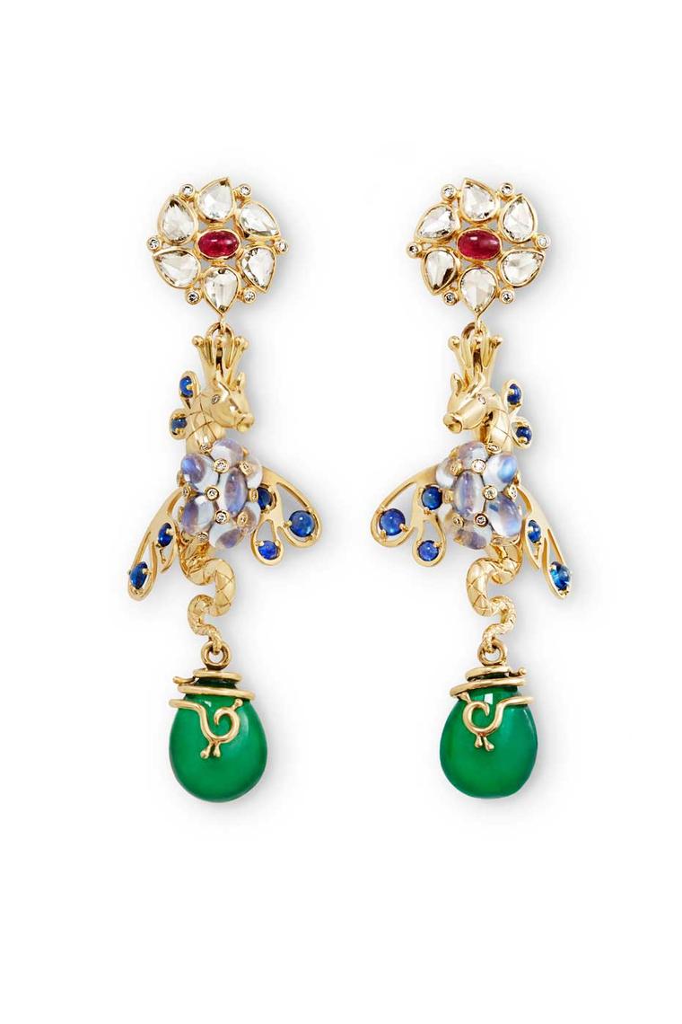 Temple St. Clair Sea Dragon earrings with emeralds, rubies, sapphires, royal blue moonstones and diamonds.
