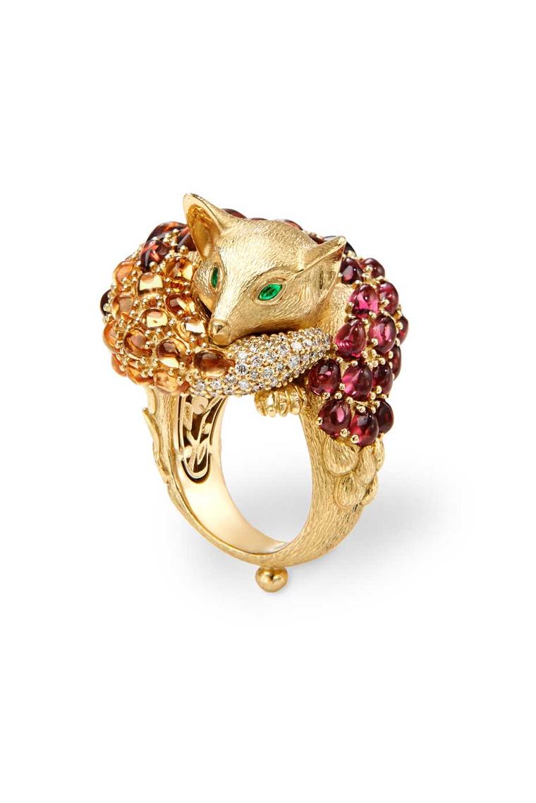 The help of a Florentine chiseler was required to achieve the textured, fur-like surface on this stunning Temple St. Clair Sleeping Fox ring.