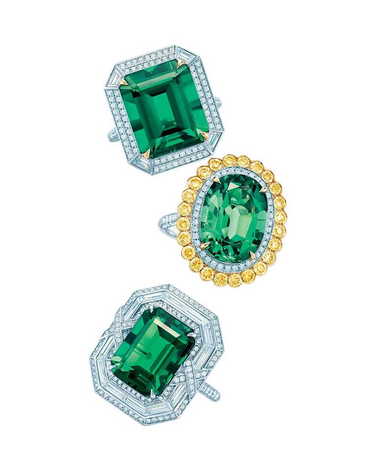 Top to bottom, Tiffany & Co. Blue Book Collection emerald ring with diamonds set in platinum and gold; emerald ring with white and yellow diamonds set in platinum and gold; and emerald ring with diamonds set in platinum.