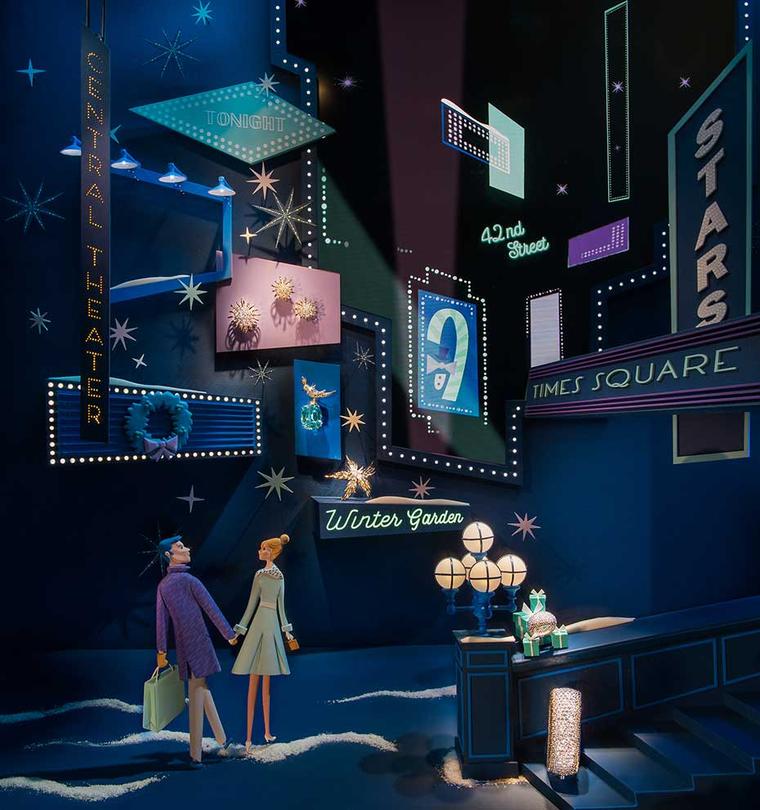 The magic of Times Square at Christmas is captured in the festive window displays at Tiffany's Bond Street boutique.