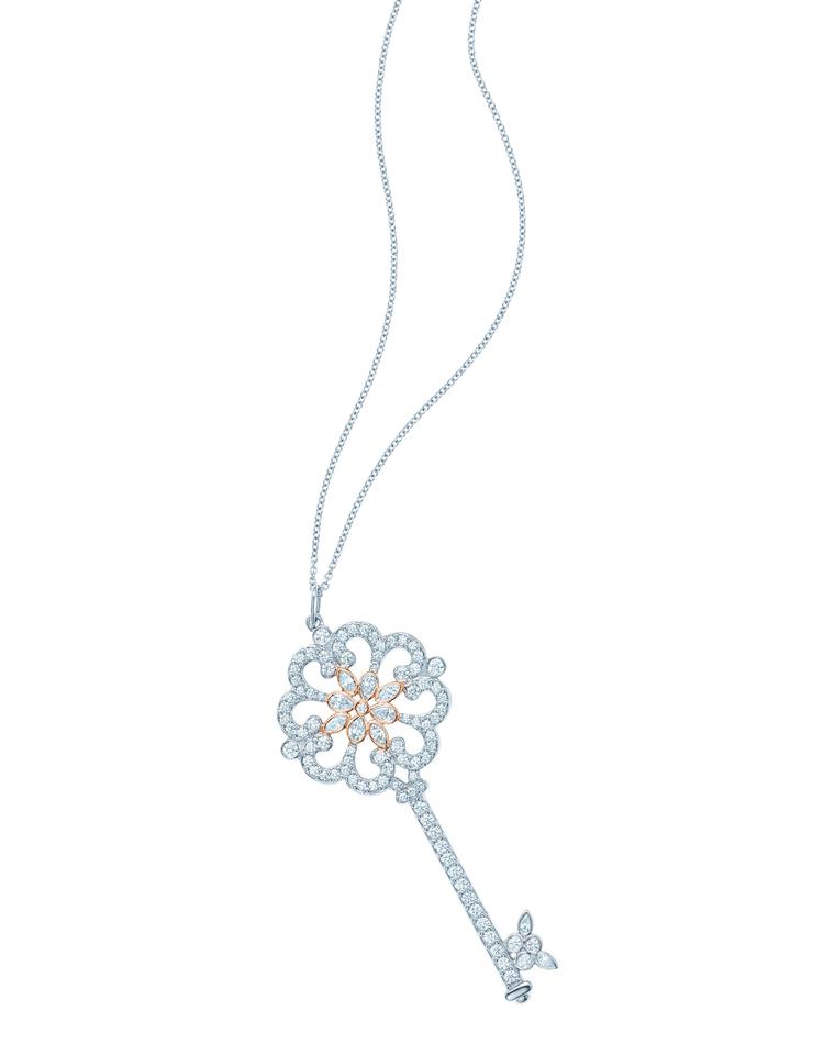 Tiffany Enchant Primrose Key pendant in platinum and rose gold with diamonds from £7,100.