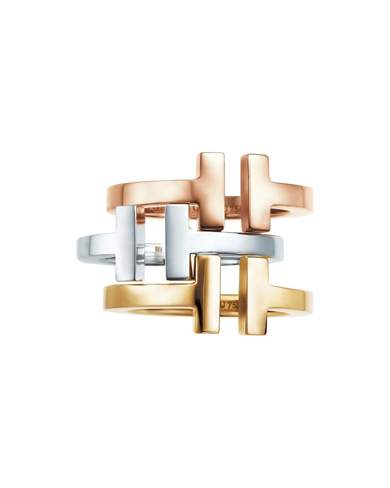 Tiffany T square rings in rose and yellow gold from £975 and silver from £300.