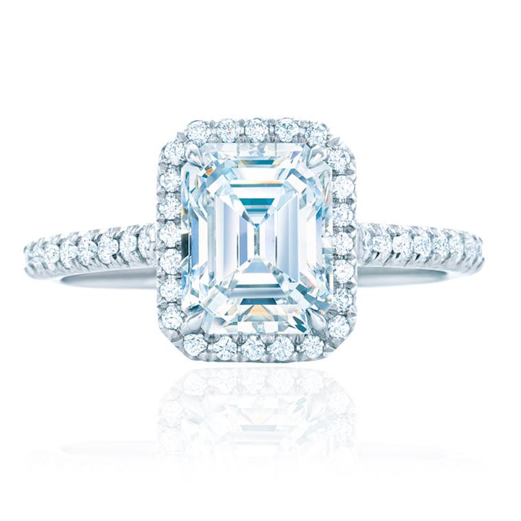 Tiffany Soleste emerald-cut diamond engagement ring featuring bead-set diamonds surrounding the central diamond and encircling the band (available from 0.25ct to 2.5ct).