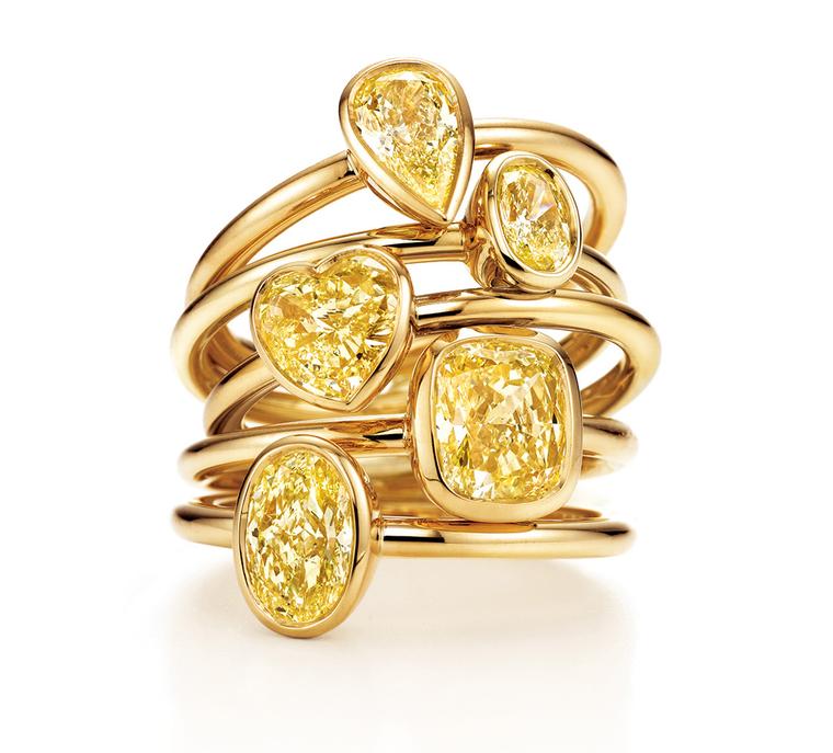 Tiffany & Co solitaire rings in yellow gold, from the Yellow Diamond Collection (from £3,400).