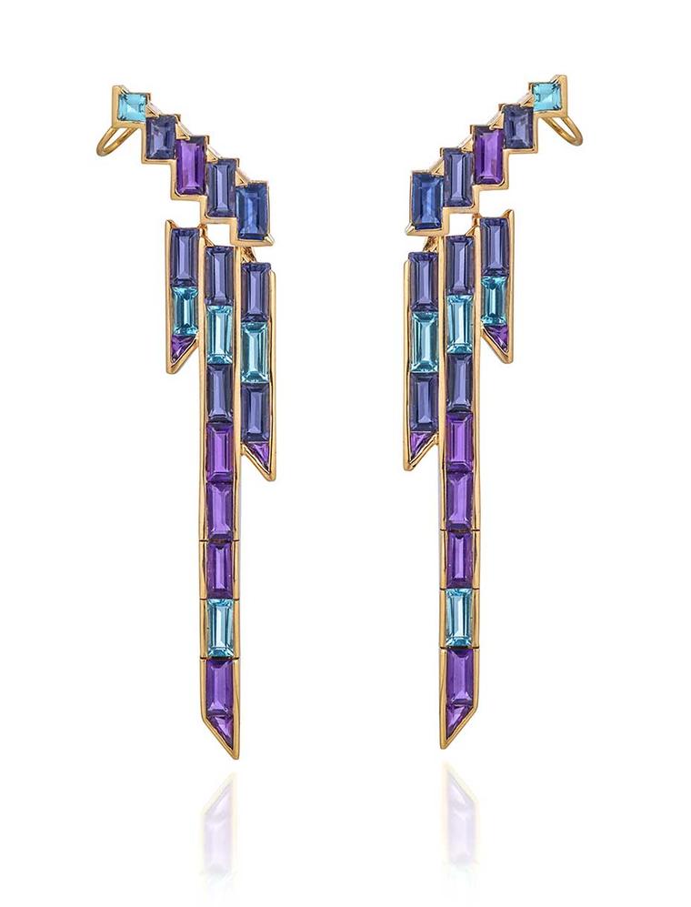 Tomasz Donocik rose gold cuff earrings set with amethyst, tanzanite, blue sapphire, iolite and blue topaz from the new Electric Night collection.