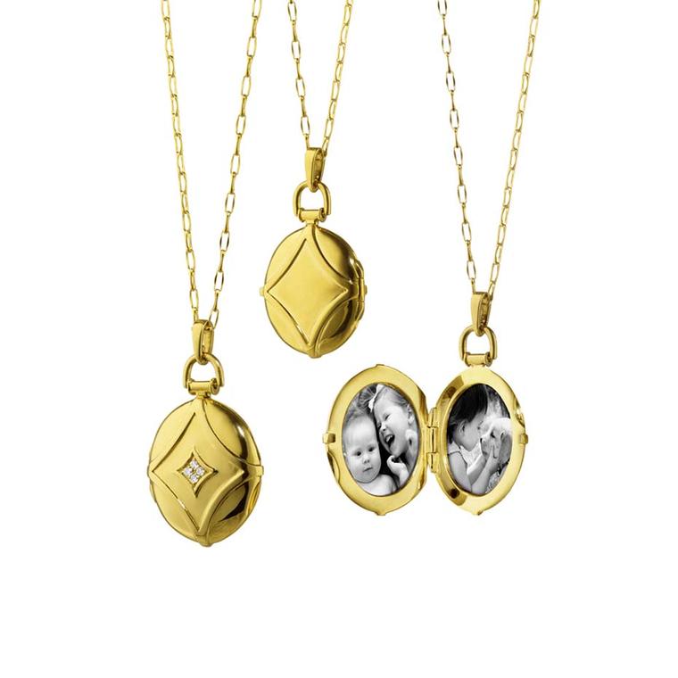 Monica Rich Kosann locket in yellow gold with diamonds ($3,900), available at Greenwich Jewelers.