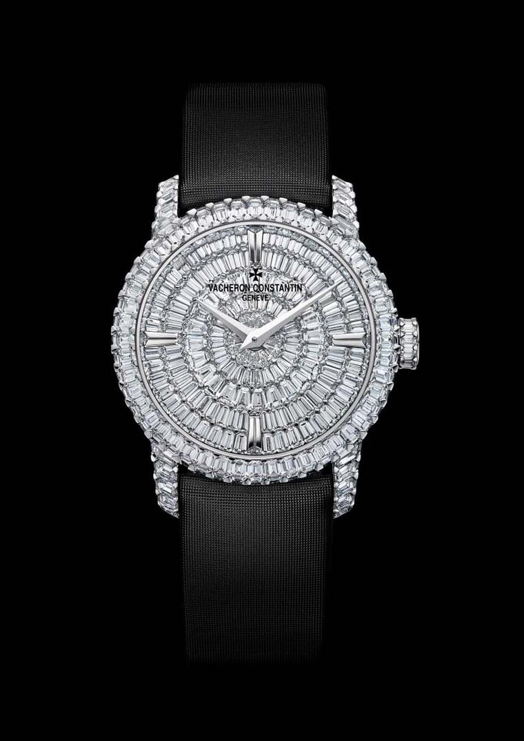 Vacheron Constantin's Patrimony Traditionnel high jewellery small model is set with prong-set baguette-cut diamonds totaling 10.60ct.