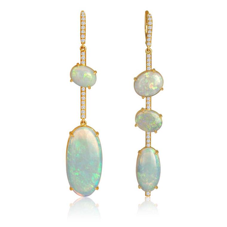 Lis Nik fine jewelry asymmetrical opal and diamond earrings in rose gold.