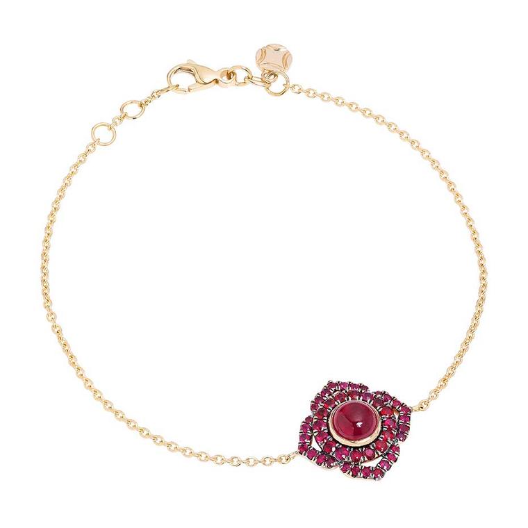 Vanessa Kandiyoti Chakra rose gold bracelet with a cabochon ruby and pavé rubies.
