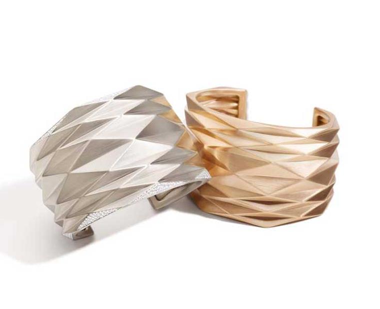 Vhernier white gold and diamond cuff, left, ($33,250) and pink gold cuff ($16,400) from the Pissé collection.