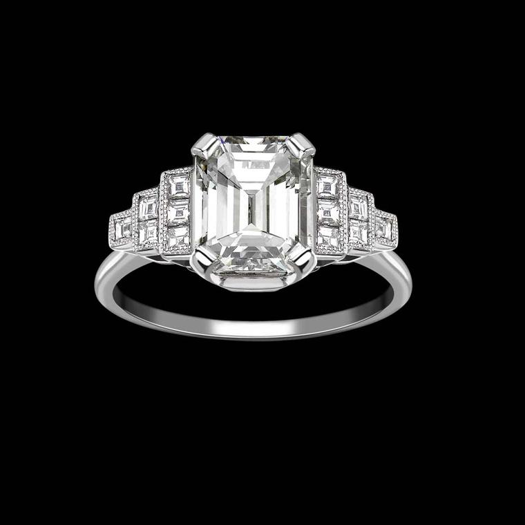 Hattie Rickards emerald-cut diamond vintage-style engagement ring.