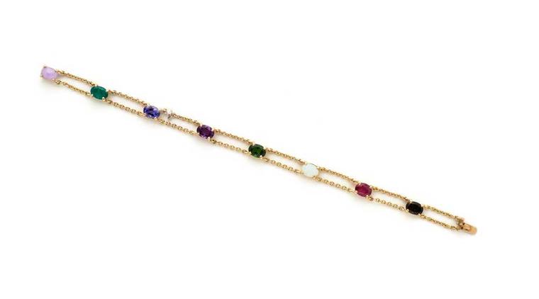 The first letter of each stone in this gold and coloured gemstone acrostic bracelet  spells out the words Je t'adore in jade, emerald, tanzanite, amethyst, diopside, opal, ruby, epidote. Available from Wartski.