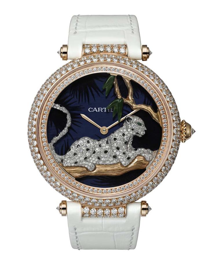 Cartier's Panthère au Claire de Lune watch, decorated with 395 brilliant-cut diamonds, is equipped with a movement that allows the big cat to sway gently back and forth across the dial in time with the rotor.