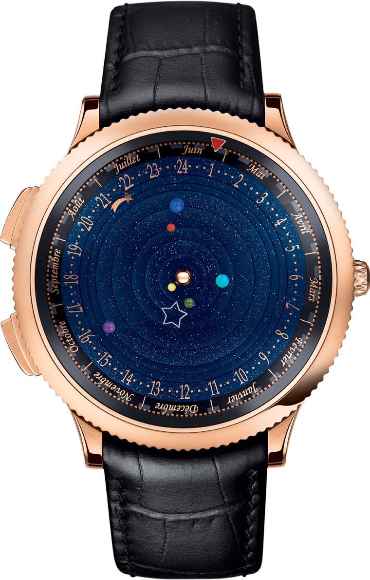 Van Cleef & Arpels' Midnight Planétarium watch features an aventurine dial with six tiny spheres representing six planets that rotate at different speeds, with Saturn taking 29 years to complete its rotation.