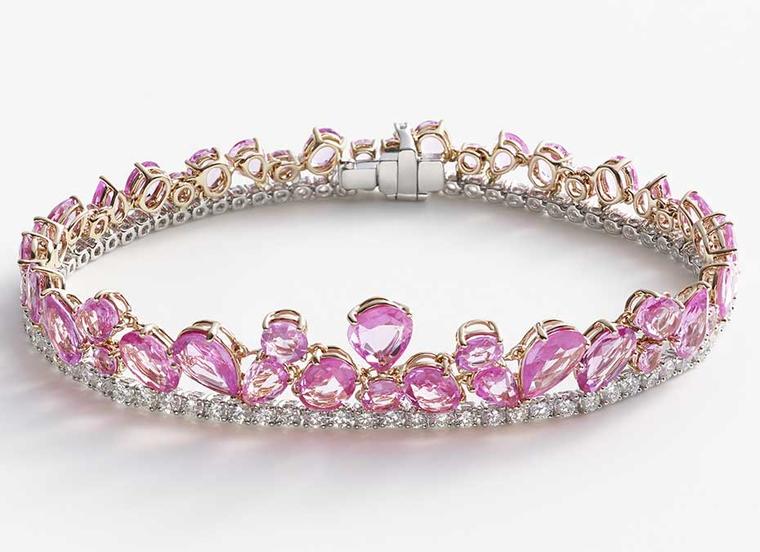 William & Son celebrates pink sapphires in its new Beneath the Rose high jewellery collection. Pink sapphire bracelet with diamonds in white and rose gold.