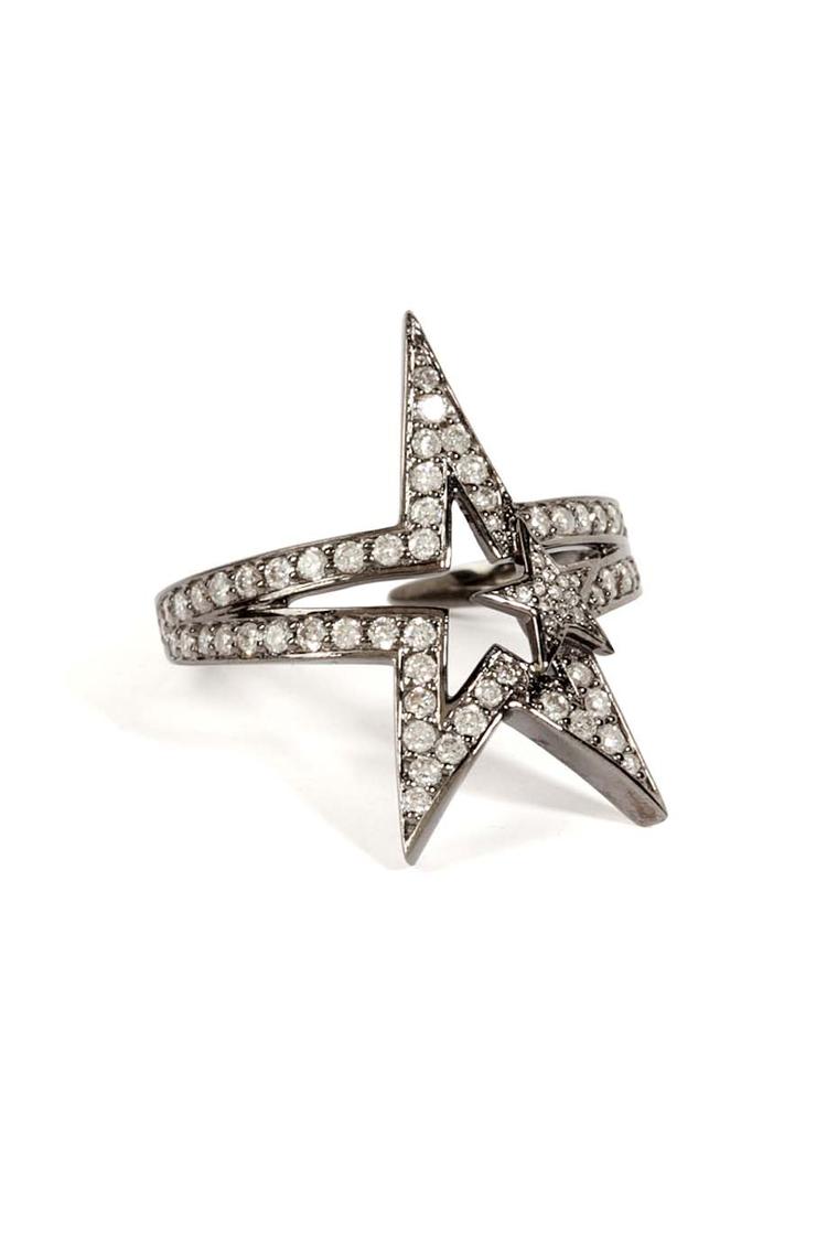 Nikos Koulis black rhodium Star ring with diamonds.