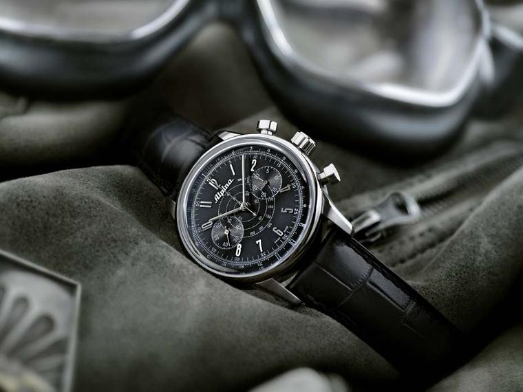 Powered by an Alpina calibre visible through the transparent caseback, the 41.5mm Alpina 130 Heritage Pilot Chronograph watch in stainless steel is also available with a black dial (£2,100).