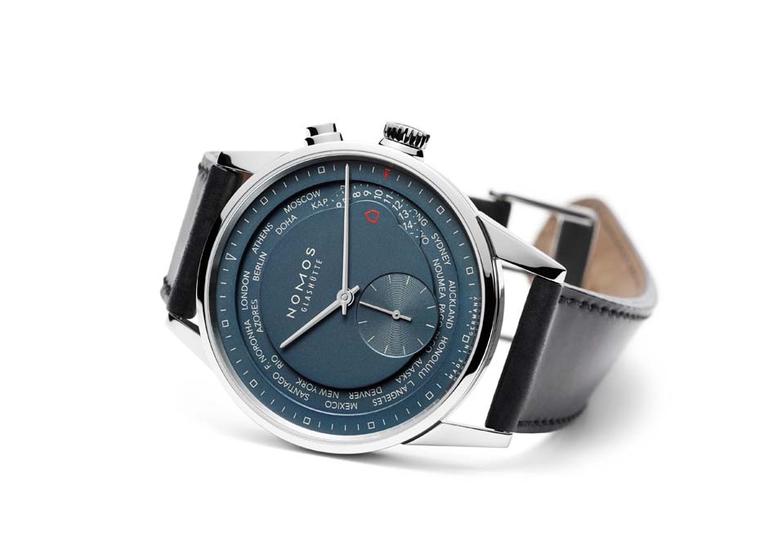 The cult German brand Nomos launched the Zurich Worldtimer Trueblue watch with 24 time zones that can be changed by a simple click. In spite of the technical complexity, Nomos has retained the company's minimalist Bauhaus aesthetic (£3,850).