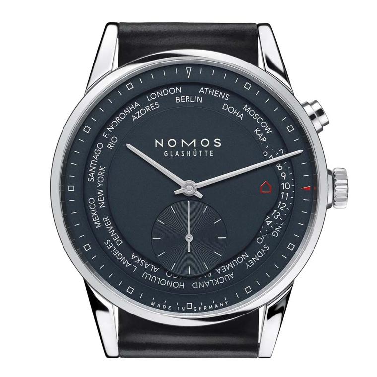 The Nomos Zurich Worldtimer Trueblue watch features 24 time zones on its dial. In spite of its technical complexity, the watch is faithful to the company's minimalist Bauhaus aesthetic. Inside the 39.9mm stainless steel case is Nomos' innovative swing sys