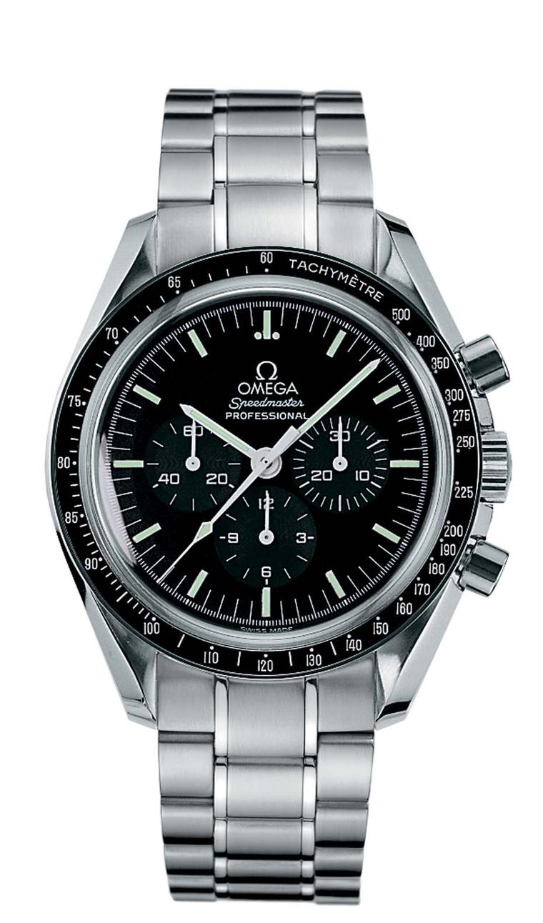 The Omega watches Speedmaster Professional was the first timepiece to accompany astronaut Buzz Aldrin on his epic Moon walk in July 1969. The 42mm stainless steel chronograph - known as the Moonwatch - is immediately recognisable with its black dial, tach