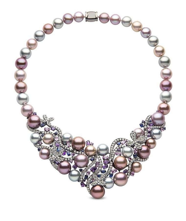 Yoko London pearl necklace in black gold, with 10-13mm natural colour Tahitian and freshwater pearls, diamonds, blue sapphires, pink sapphire and amethysts.