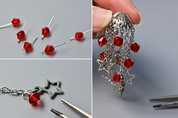 Decorate the star dangle earrings with red glass beads