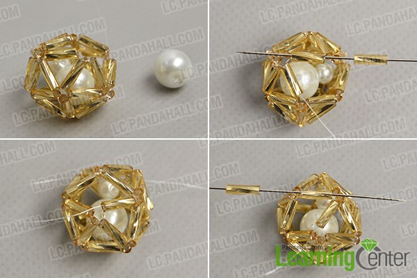 Decorate the beaded ball pendant with white pearl beads