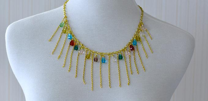 How to Make Gold Chain Tassel Necklace with Colorful Glass Drop Beads Dangles