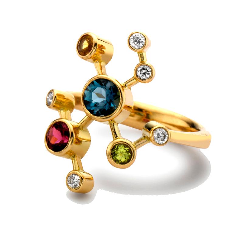 Alexander Davis Half Dendritic yellow gold ring with coloured gemstones
