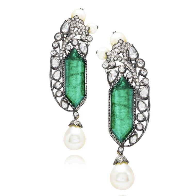 Amrapali Zambian emerald earrings with diamonds and pearls