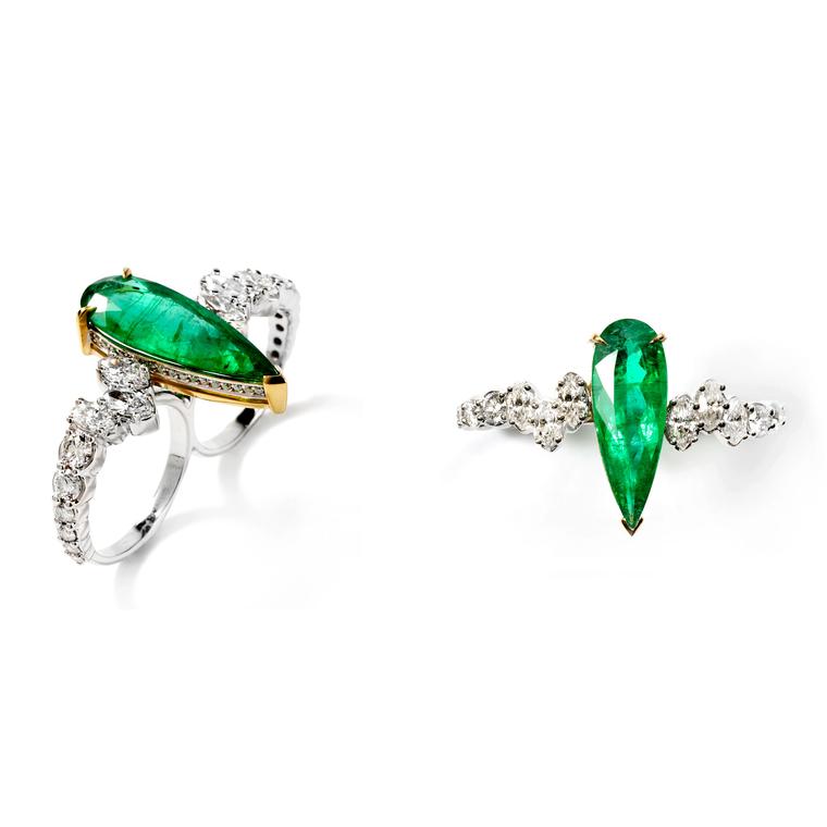 Ara Vartanian two-finger diamond and emerald ring