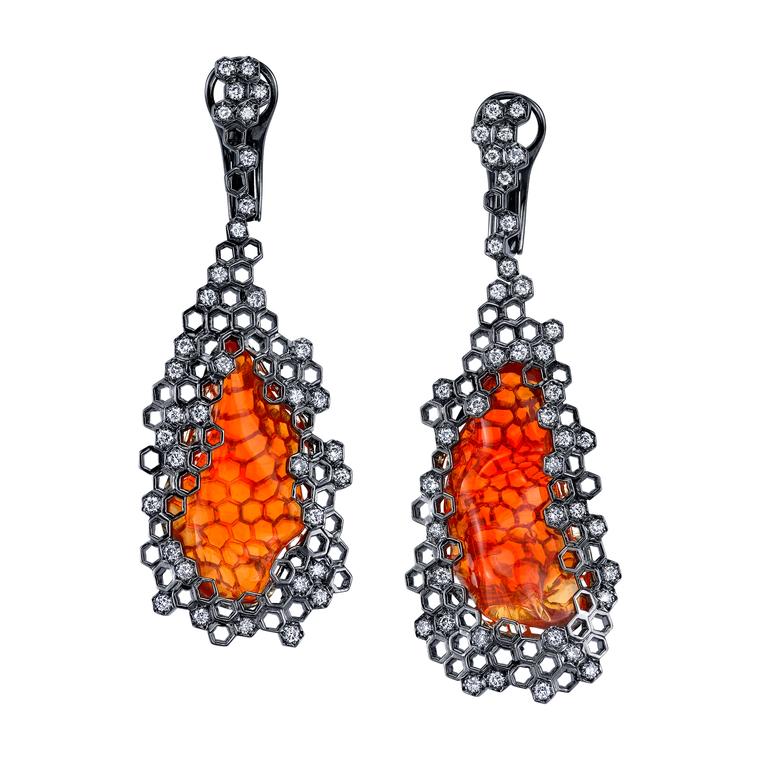 Arunashi Honey Comb Mexican fire opal earrings