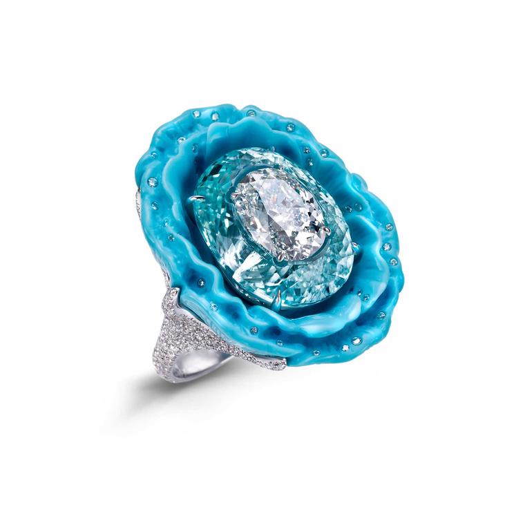 Boghossin flower ring with diamond, Paraiba tourmaline and turquoise