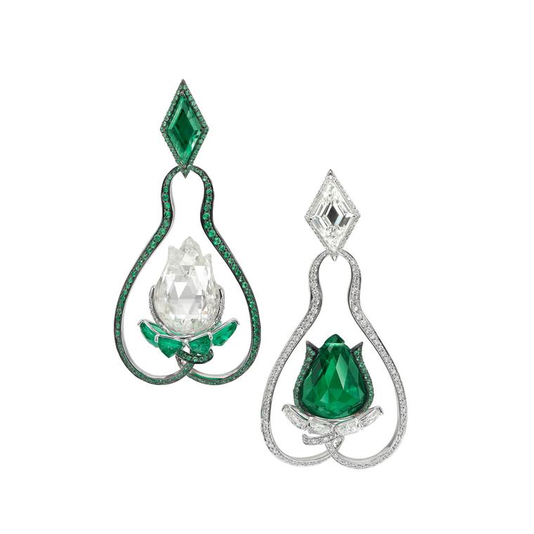 Boghossian emerald and diamond lotus flower earrings