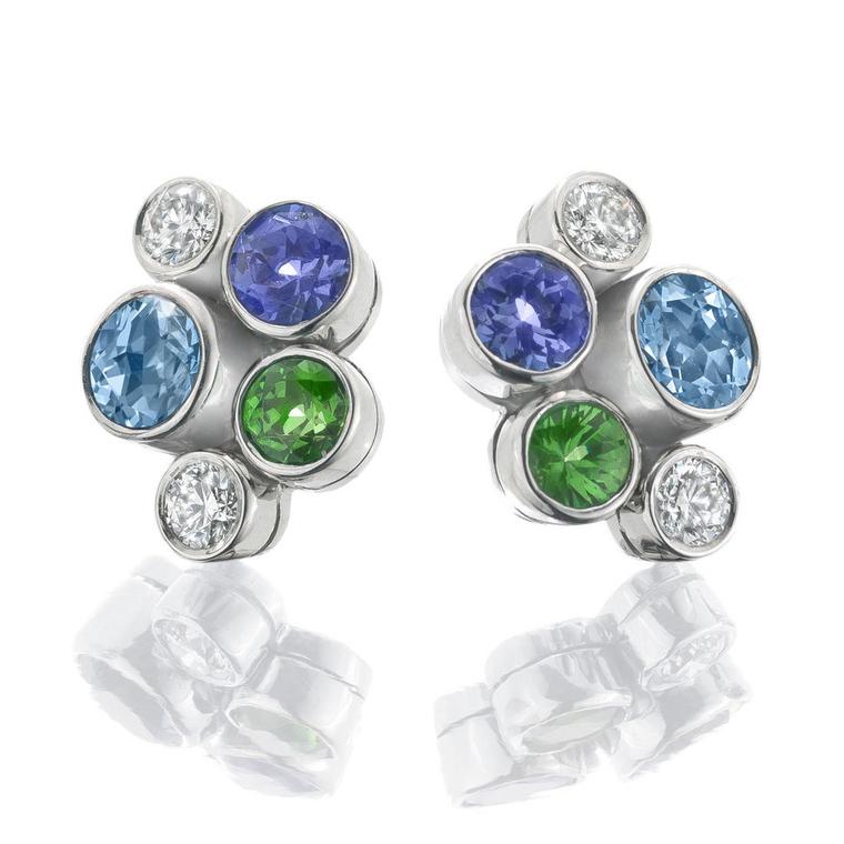 Boodles tsavorite, aquamarine, tanzanite and diamond earrings