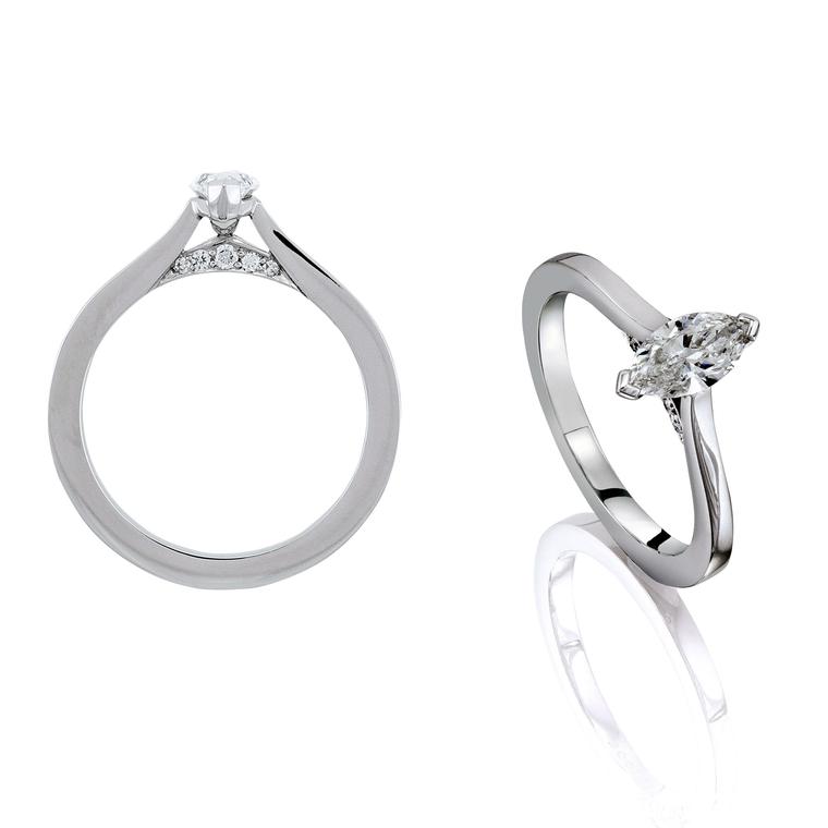 Boodles Harmony platinum engagement ring with a marquise-cut diamond