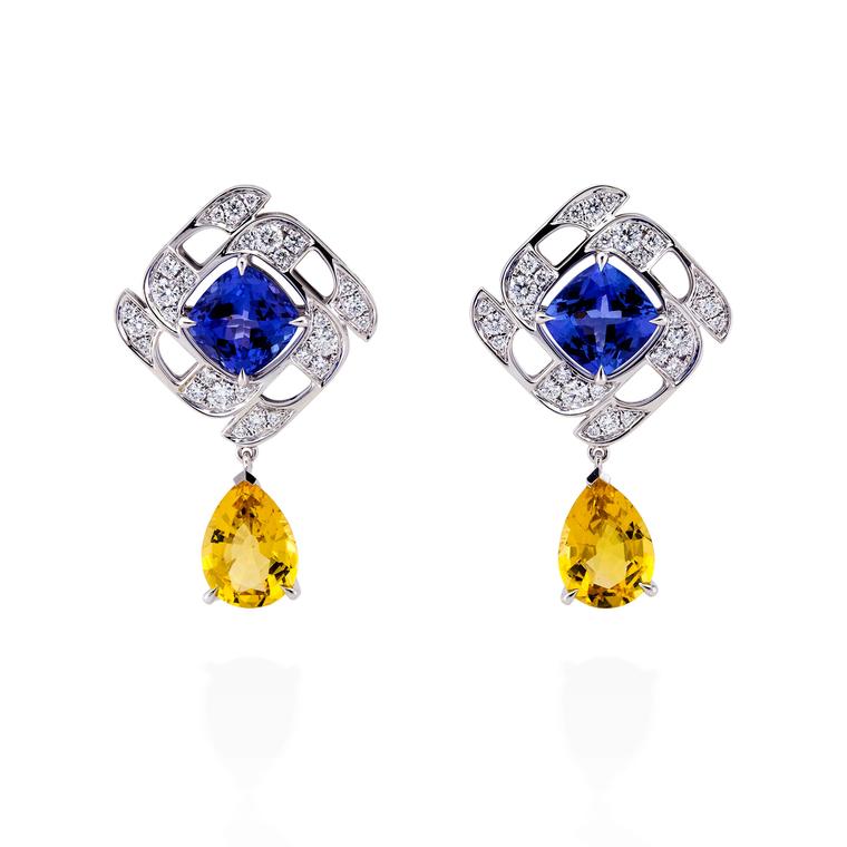 Boodles Prism tanzanite and yellow beryl earrings with diamonds