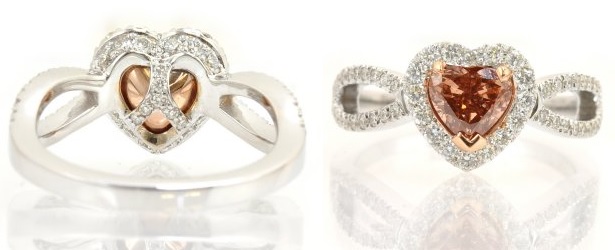 brownish pink diamond heart shaped ring rose cupping