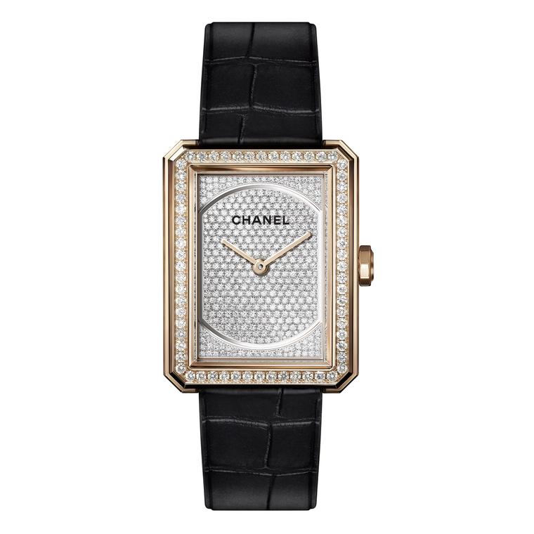 Chanel Boy.Friend watch with paved dial in beige gold