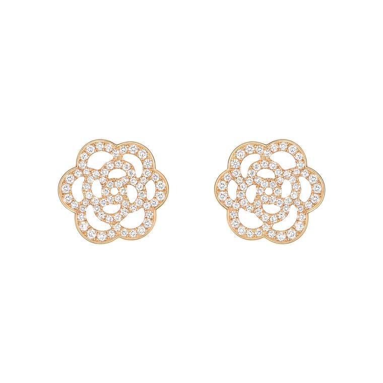 Chanel Camélia pink gold and diamond earrings