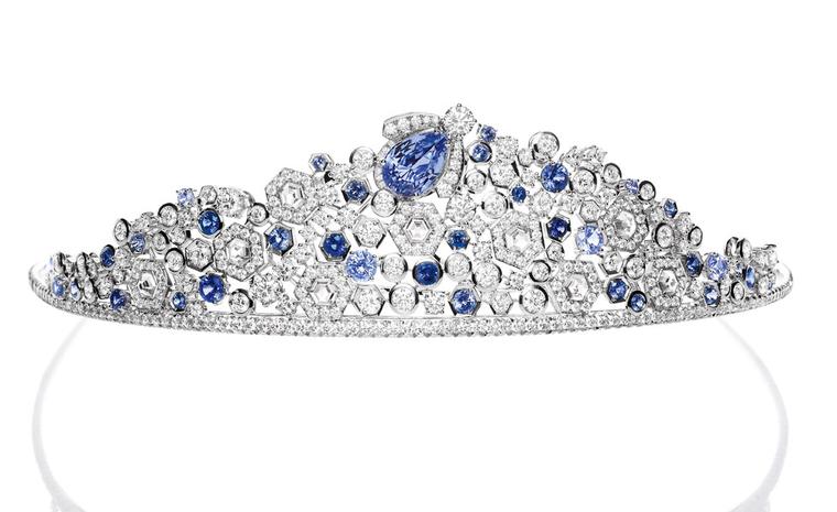 Chaumet's newest tiara - yes they are still making them - is the Bee My Love diademe that features buzzing blue sapphires bees busy with their diamond and white gold honeycomb. The central piece detaches and can be worn as a brooch.