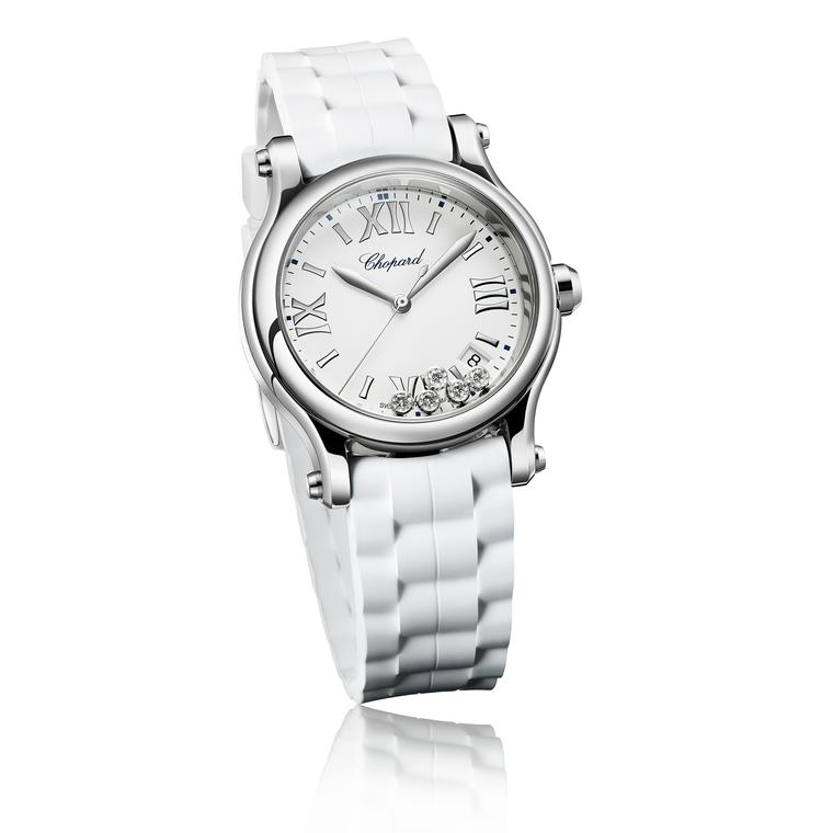 Chopard Happy Sport watch with white strap and diamonds
