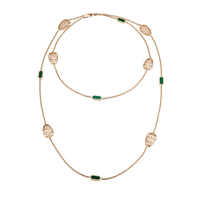 Bulgari Serpenti Seduttori sautoir necklace in rose gold with malachites