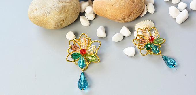 How to Make a Pair of Golden Wire Wrapped and Glass Bead Flower Earrings