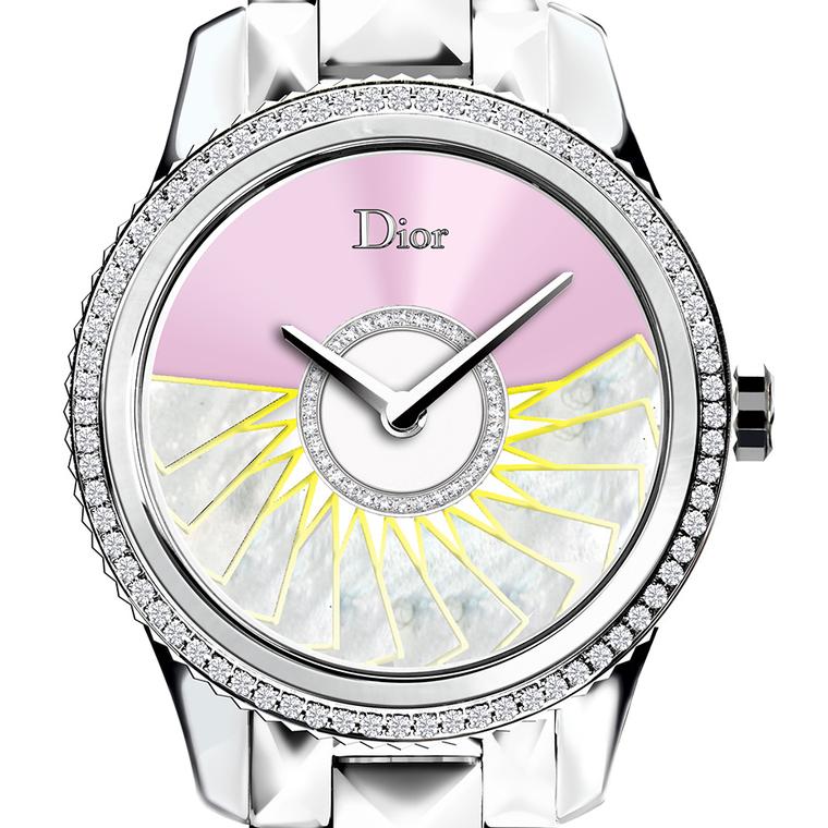 The new Dior VIII Grand Bal Plissé Soleil watch features a galvanised steel dial tinted with a slash of bold pink