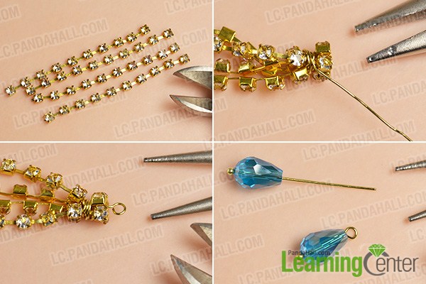 make the first part of the blue glass bead and golden chain tassel drop earrings