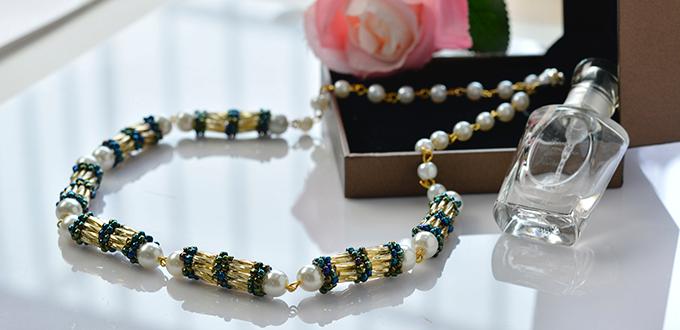 How to Make a Golden Bugle Seed Bead, Blue Seed Bead and White Pearl Necklace